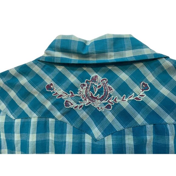 Bit & Bridle Womens Button-Up Short Sleeve Shirt L Blue Plaid Embroidered Accent - Picture 9 of 9